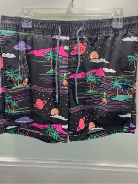 Men's Black Alien & Palm Print Swim Trunks